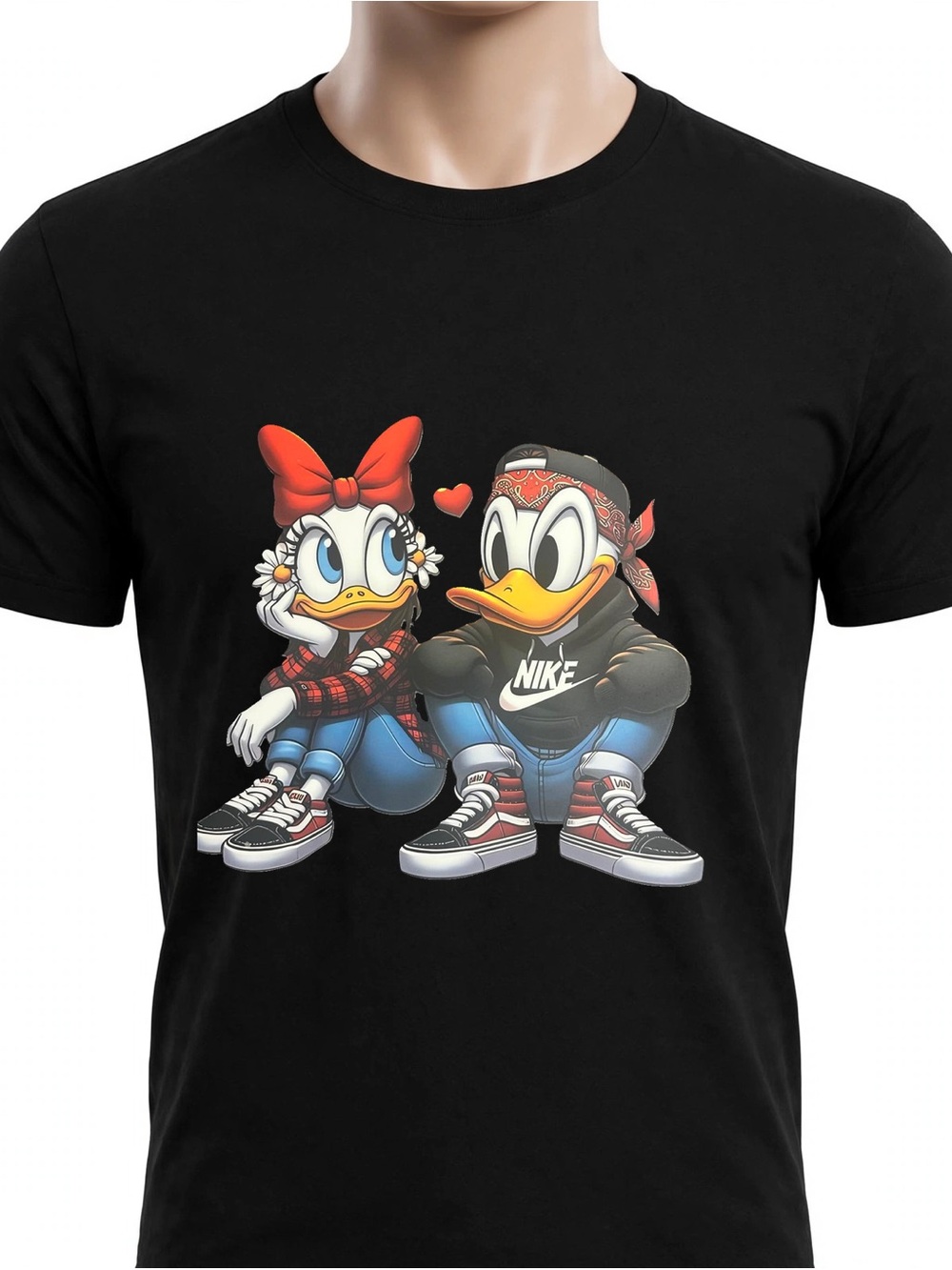 Black Graphic Tee with Donald & Daisy Design